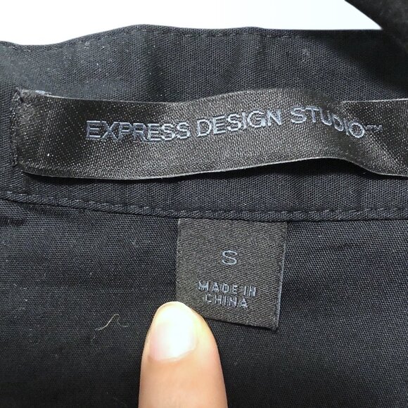 Express Solid Black Short Puff Sleeve Collared Wrap Blouse S - Picture 3 of 8
